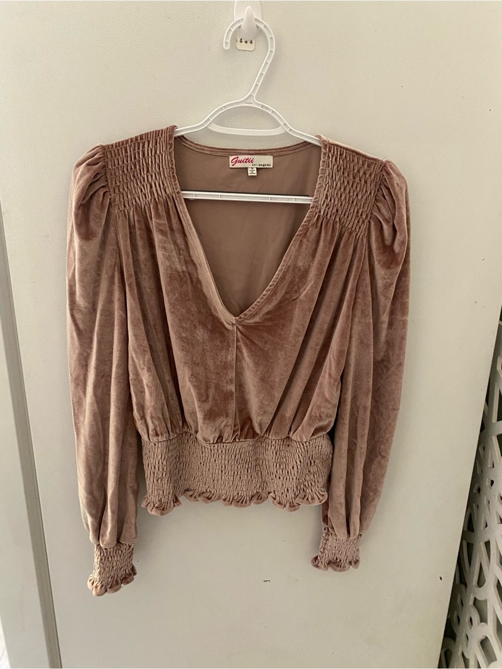 VINTAGE Blush Pink Velvet Smocked Waist V-Neck Top 1990s/Y2K